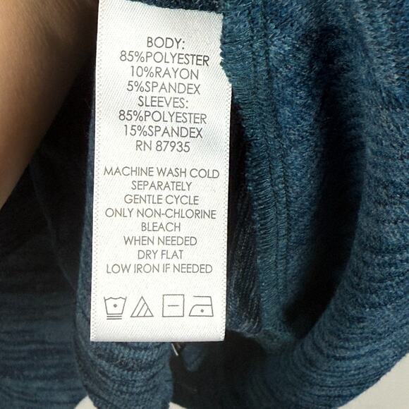 Logo Lori Goldstein Cardigan Women XS Blue Faux Suede Sleeve Asymmetric Relaxed - Picture 4 of 7